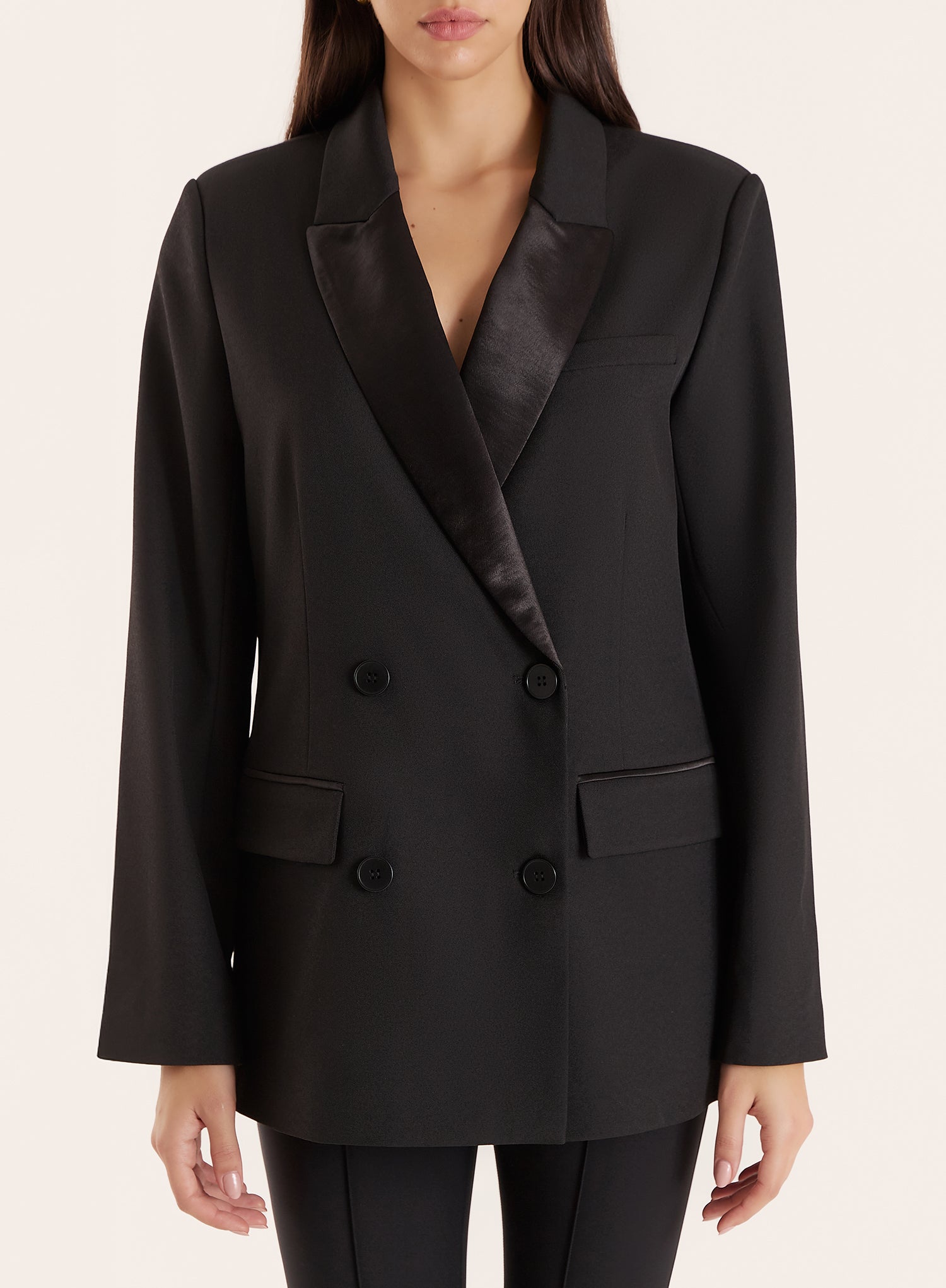 Black Satin Lapel Double Breasted Tuxedo Blazer